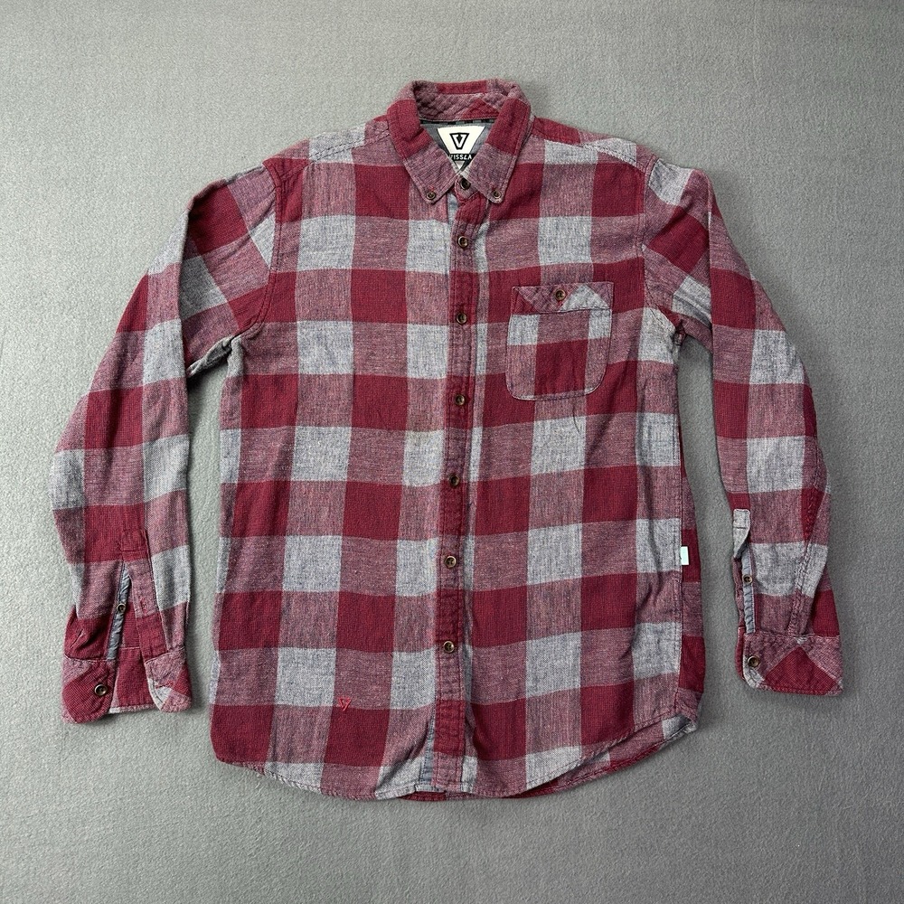 Vissla‎ Mens L Large Red Gray Plaid Flannel Shirt Casual Skater Dadcore Normcore